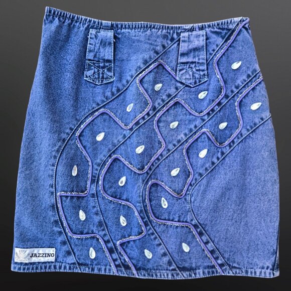 Vintage 80s Short Denim Belted skirt Size M Rhinestone Beaded Above Knee - Picture 6 of 8